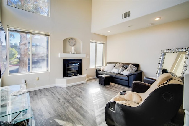 living room featuring a high ceiling and hardwood / wood-style flooring