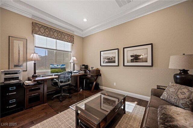 office featuring dark wood-type flooring and crown molding