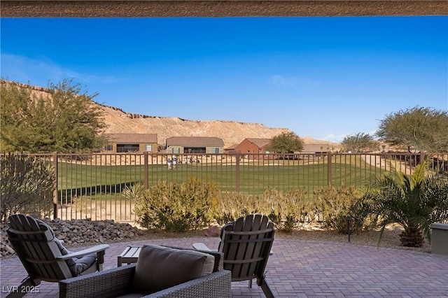 view of patio with a mountain view