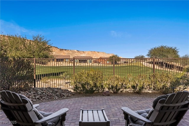 view of patio with a mountain view