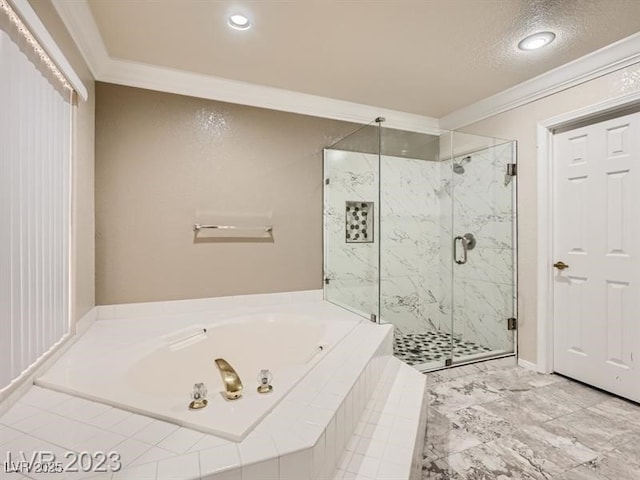 bathroom featuring plus walk in shower and ornamental molding