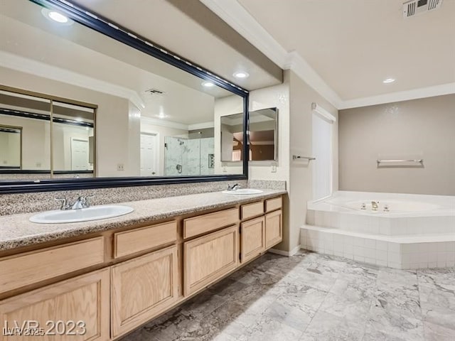 bathroom with vanity, ornamental molding, and plus walk in shower