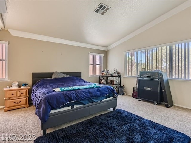 carpeted bedroom with a textured ceiling, vaulted ceiling, and crown molding