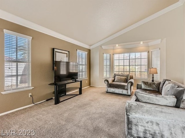 living room featuring ornamental molding, vaulted ceiling, and light colored carpet