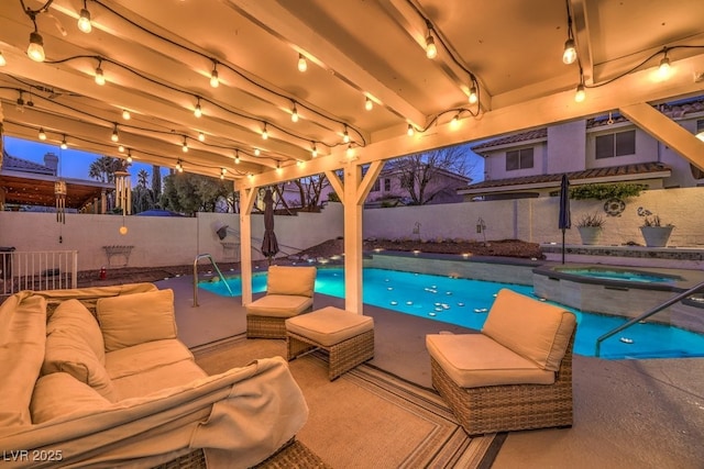 view of swimming pool featuring an in ground hot tub and an outdoor living space