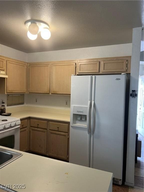 kitchen featuring white appliances, light brown cabinetry, and sink