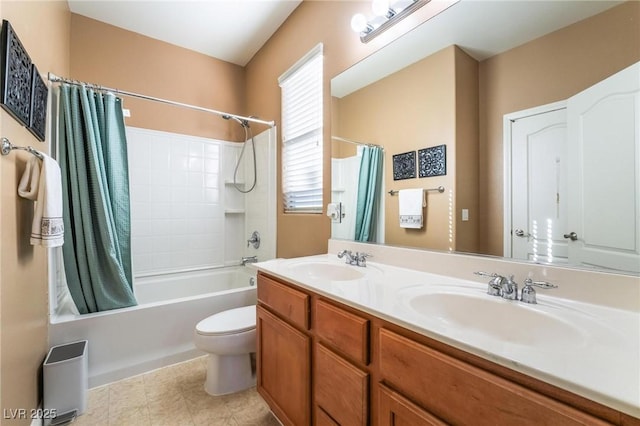 full bathroom with shower / bath combination with curtain, vanity, and toilet