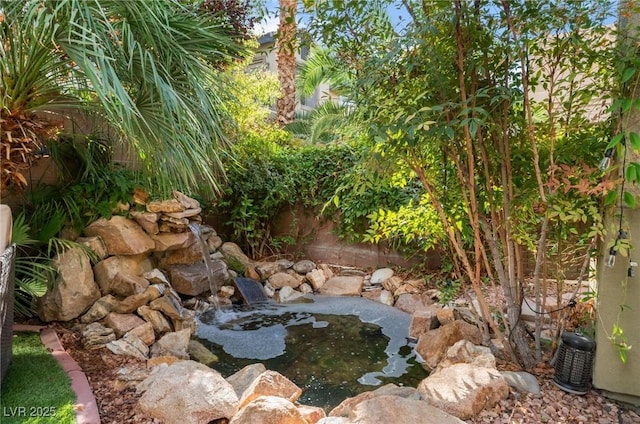 view of yard featuring a small pond