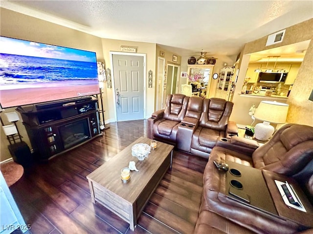 living room with a textured ceiling and dark hardwood / wood-style floors