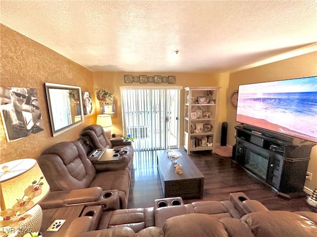 living room with a textured ceiling and dark hardwood / wood-style flooring