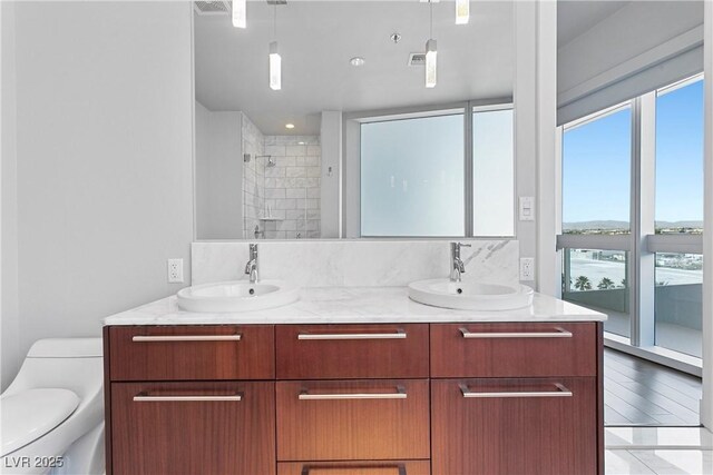 bathroom featuring toilet, walk in shower, and vanity