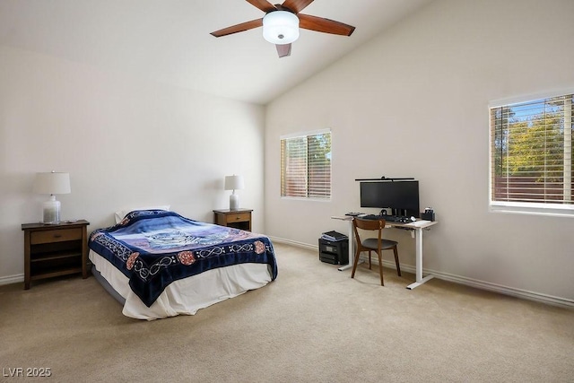 bedroom with ceiling fan, light colored carpet, and high vaulted ceiling