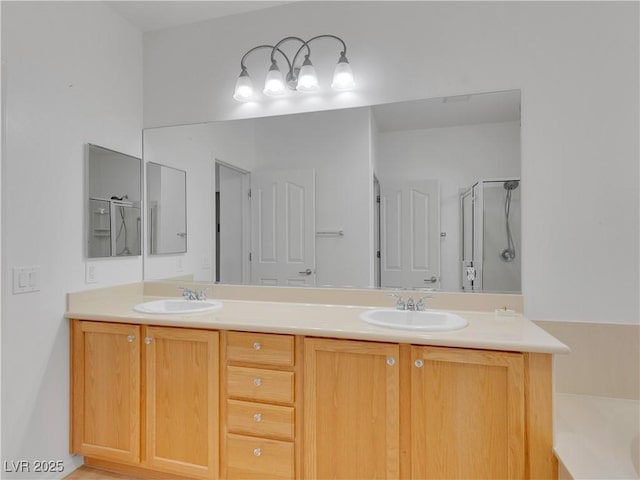 bathroom featuring an enclosed shower and vanity