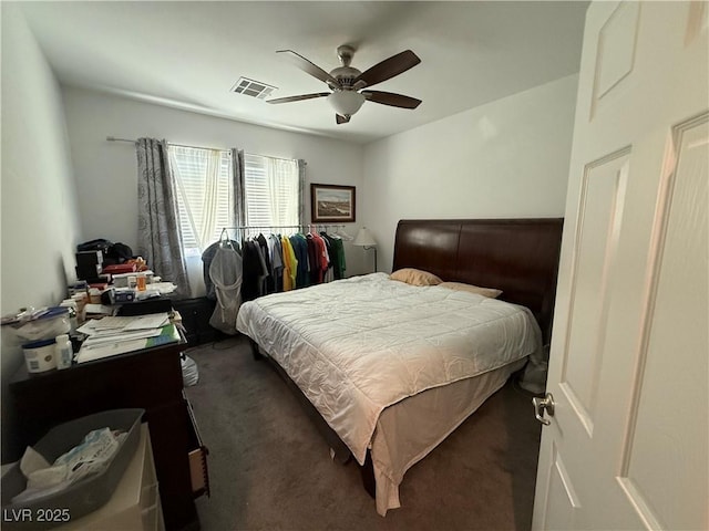 carpeted bedroom with ceiling fan