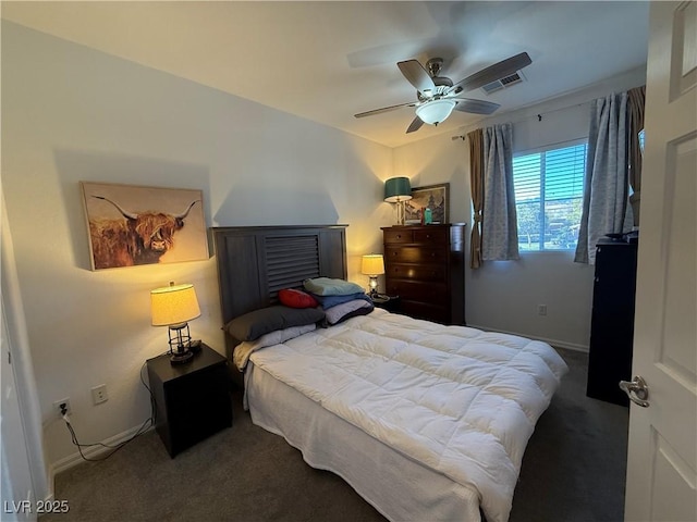 carpeted bedroom with ceiling fan