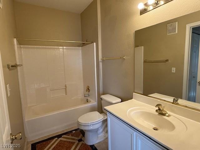 full bathroom with bathing tub / shower combination, vanity, and toilet