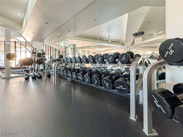 workout area featuring ceiling fan