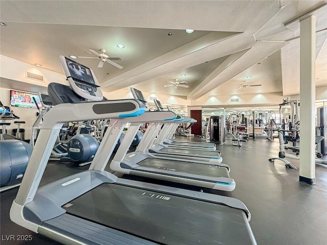 gym featuring ceiling fan