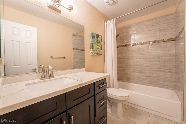 full bathroom featuring toilet, a textured ceiling, tile patterned flooring, shower / bathtub combination with curtain, and vanity