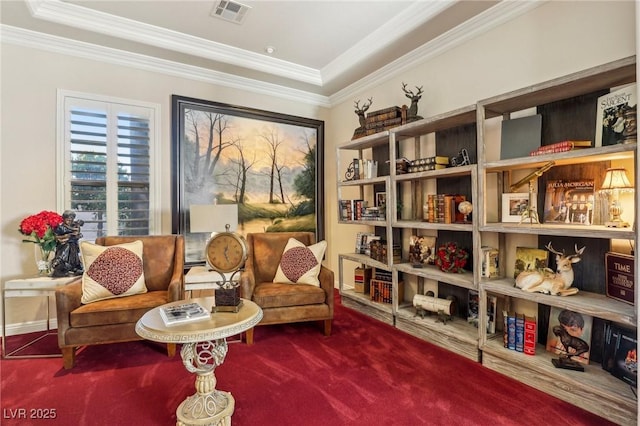 sitting room featuring ornamental molding and carpet flooring