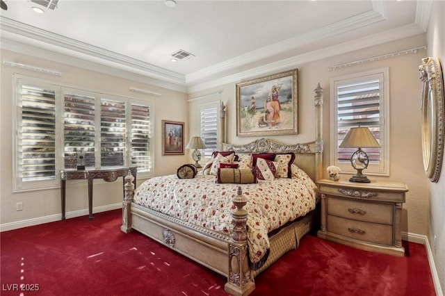 carpeted bedroom with crown molding