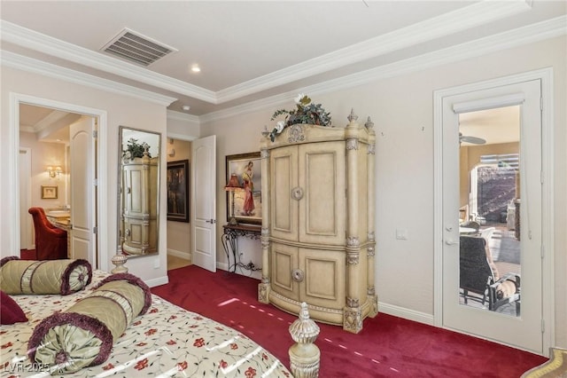 bedroom featuring ornamental molding, access to outside, and dark colored carpet