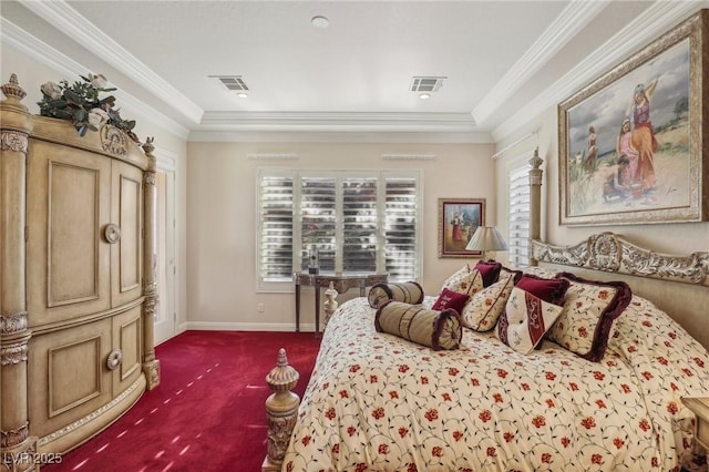 carpeted bedroom with ornamental molding