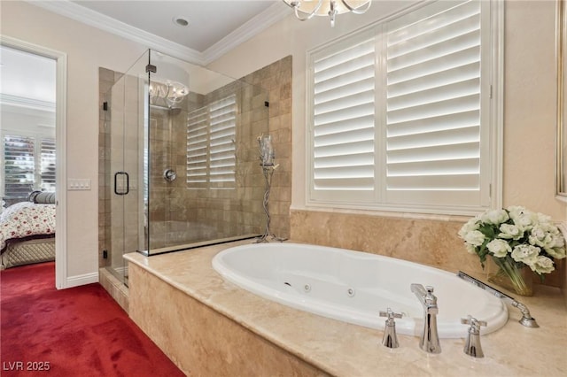 bathroom featuring an inviting chandelier, ornamental molding, and separate shower and tub