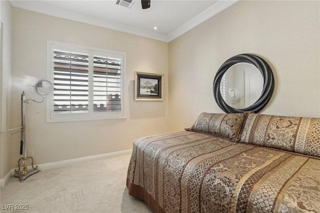 carpeted bedroom featuring ceiling fan and ornamental molding