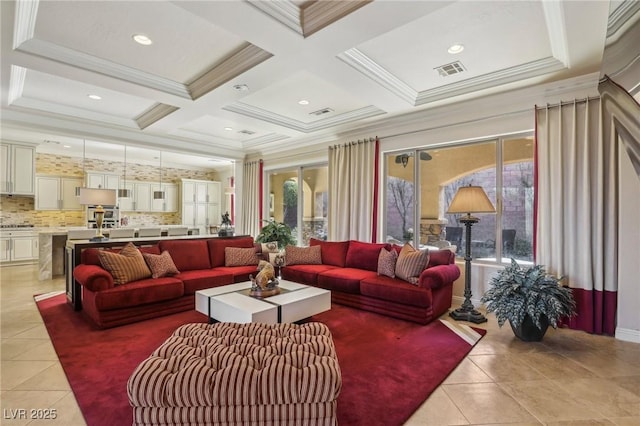 tiled living room featuring beamed ceiling, crown molding, coffered ceiling, and plenty of natural light