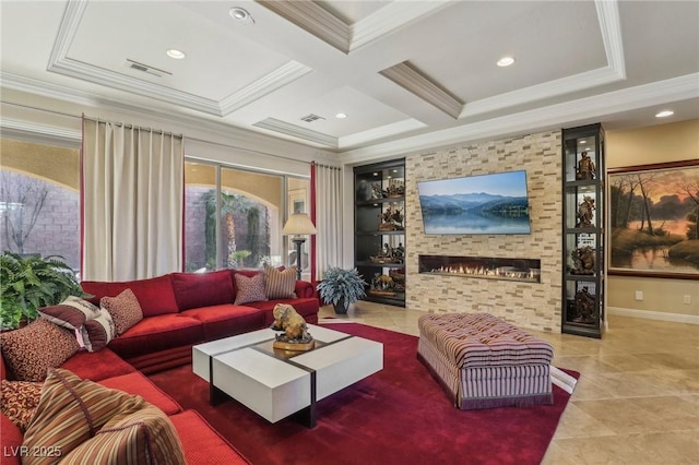 living room with a large fireplace, coffered ceiling, tile patterned flooring, crown molding, and beamed ceiling