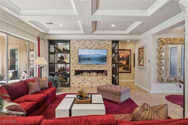 living room with a tile fireplace, beam ceiling, ornamental molding, and coffered ceiling