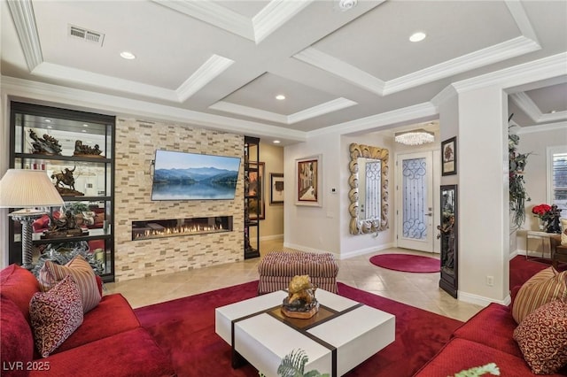 living room with coffered ceiling, crown molding, beamed ceiling, light tile patterned floors, and a fireplace