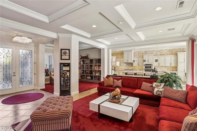 living room featuring beamed ceiling, french doors, tile patterned floors, coffered ceiling, and wine cooler