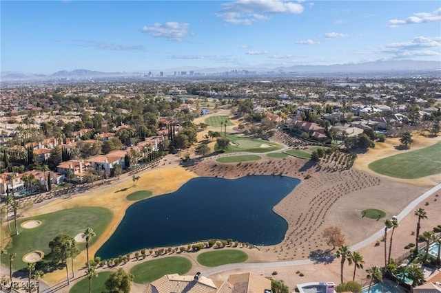 bird's eye view with a water and mountain view