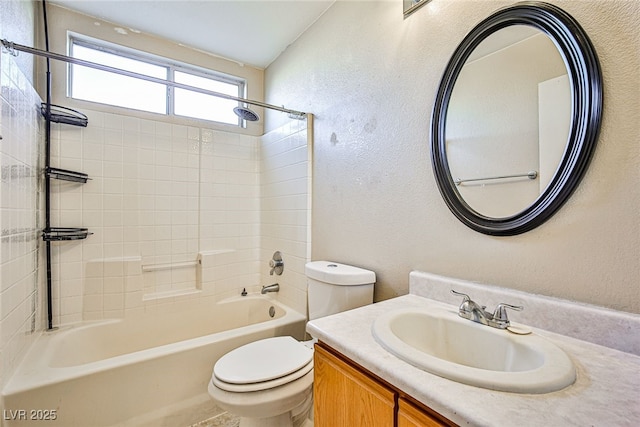 full bathroom with toilet, tub / shower combination, and vanity