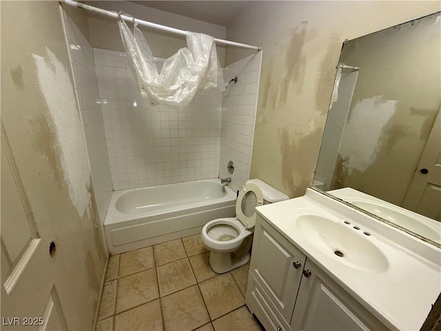 full bathroom featuring shower / tub combo, vanity, tile patterned floors, and toilet