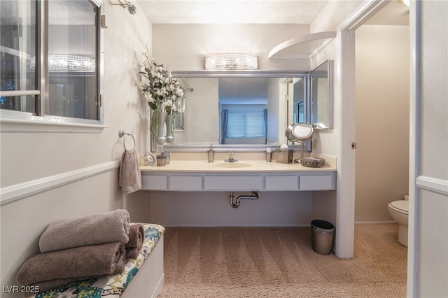 bathroom featuring toilet, a textured ceiling, and sink