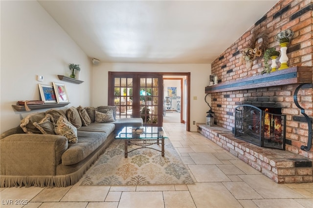 tiled living room with french doors and a fireplace