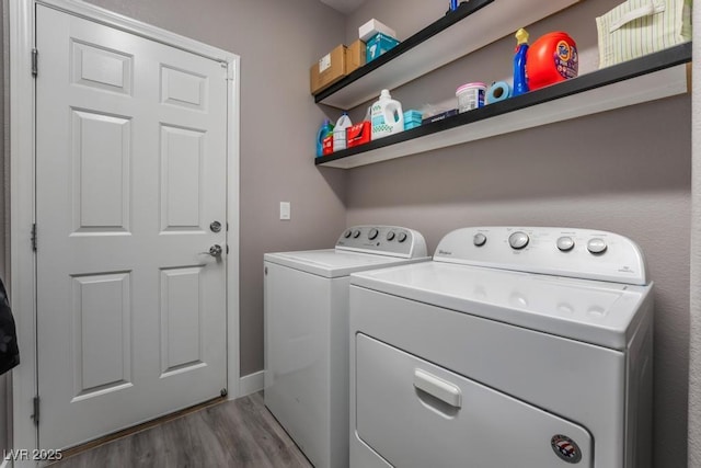 laundry room featuring washing machine and clothes dryer and dark hardwood / wood-style floors