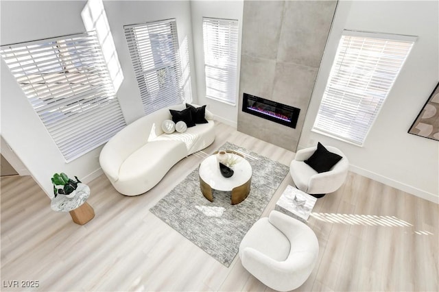 living room with a tiled fireplace and wood-type flooring