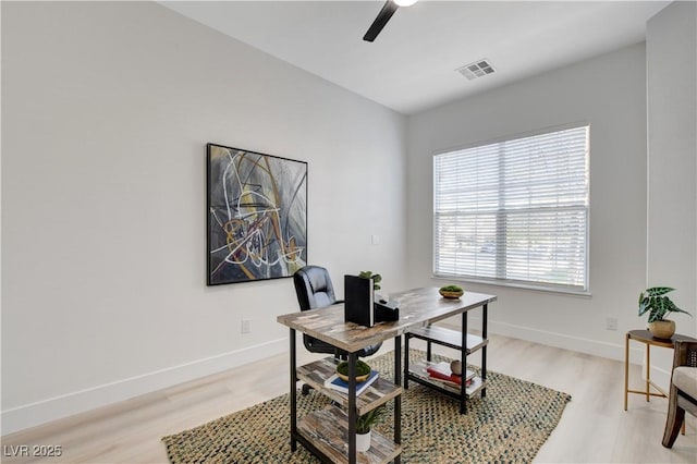 office area featuring light wood-type flooring and ceiling fan