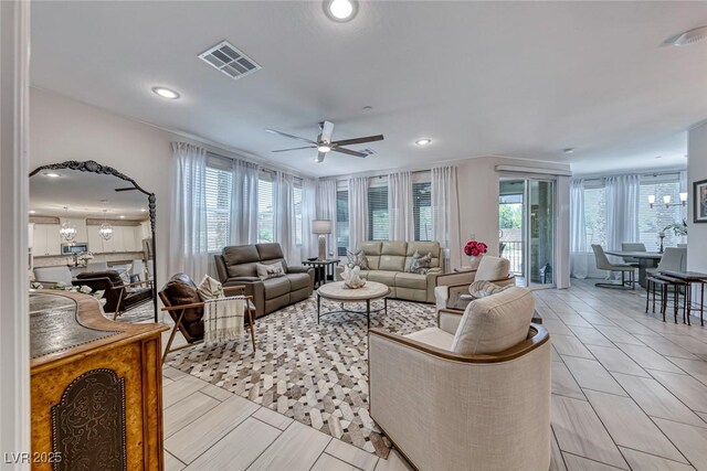 living room featuring ceiling fan