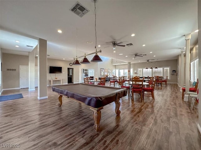 playroom with billiards, hardwood / wood-style floors, and ceiling fan