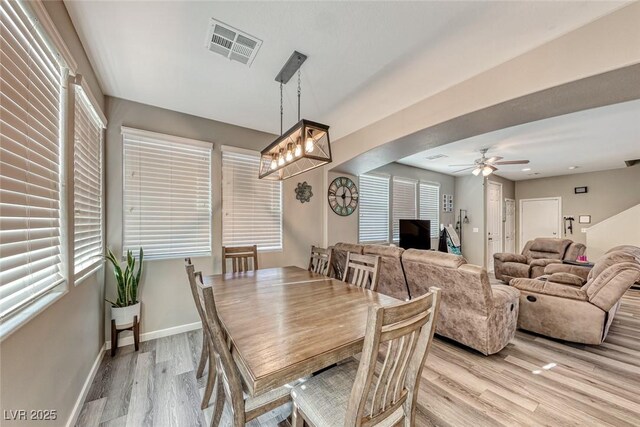 dining room with light wood-type flooring and ceiling fan