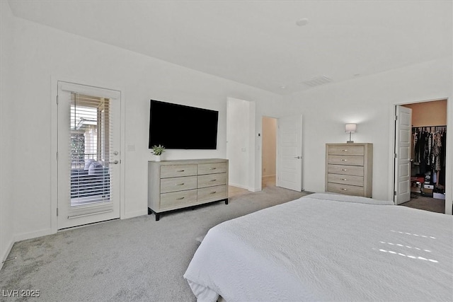 carpeted bedroom with a walk in closet and a closet