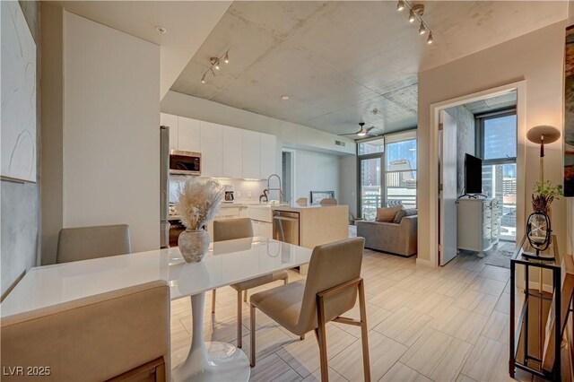 dining area with ceiling fan and track lighting