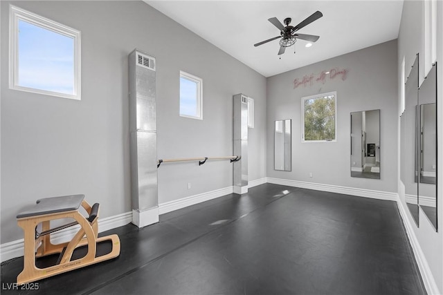 interior space with ceiling fan, electric panel, and baseboards