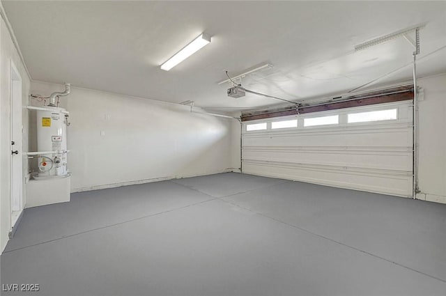 garage with a garage door opener and water heater