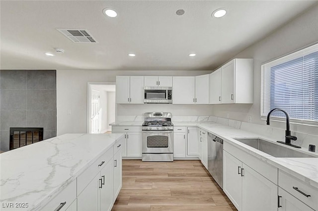 kitchen with stainless steel appliances, sink, white cabinetry, a fireplace, and light stone countertops